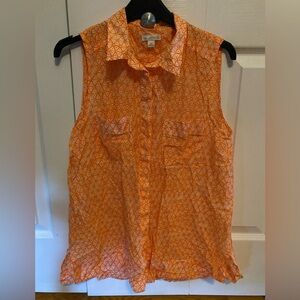 GAP White and Orange Silk blend Sleeveless Button Down Top